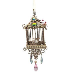Katherines Collection Metal Gold Glitter Jeweled Square Birdcage Ornament